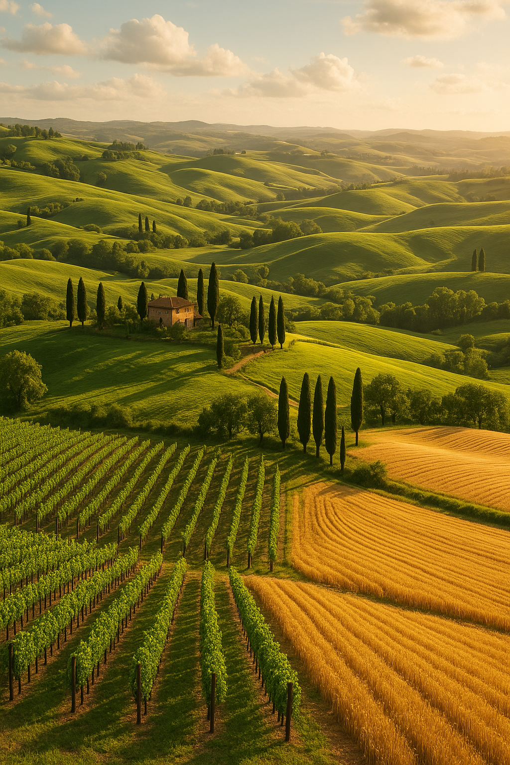 Tuscan hills at sunset with vineyards and cypresses