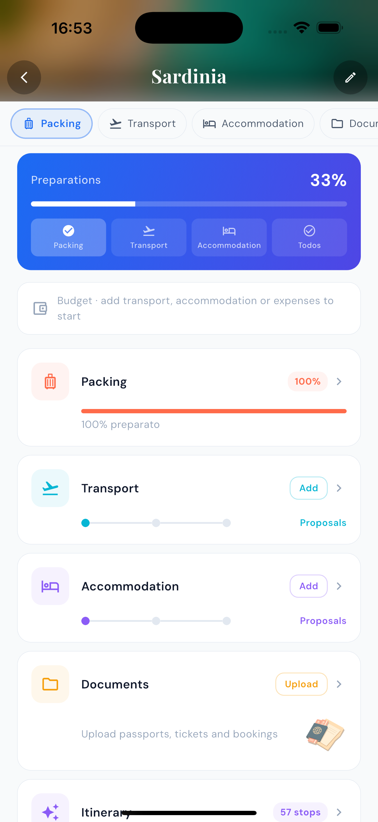 TravelDeck trip detail screen with itinerary, photos and details