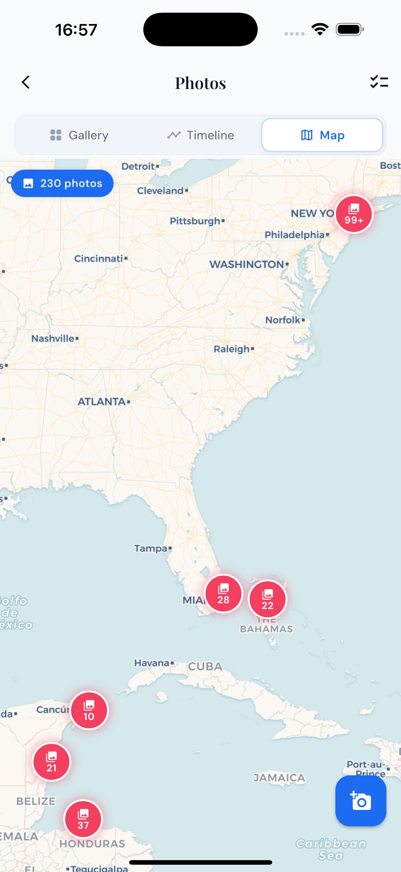 Shared photo gallery with group travel photos organized by day and location