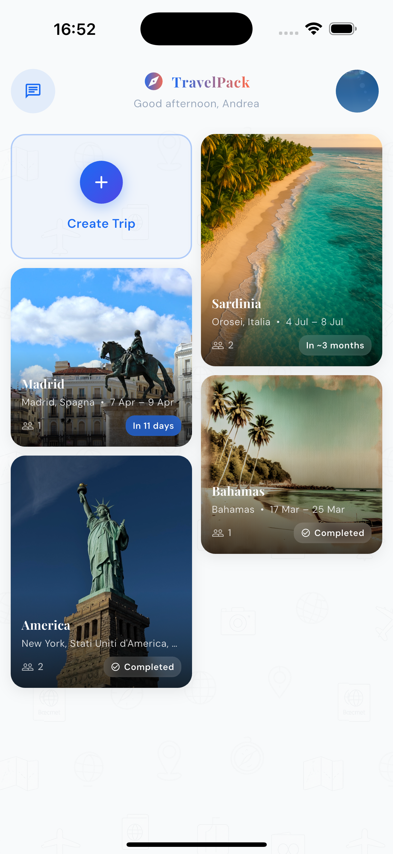 TravelDeck home screen showing upcoming group trips with photos and travel details